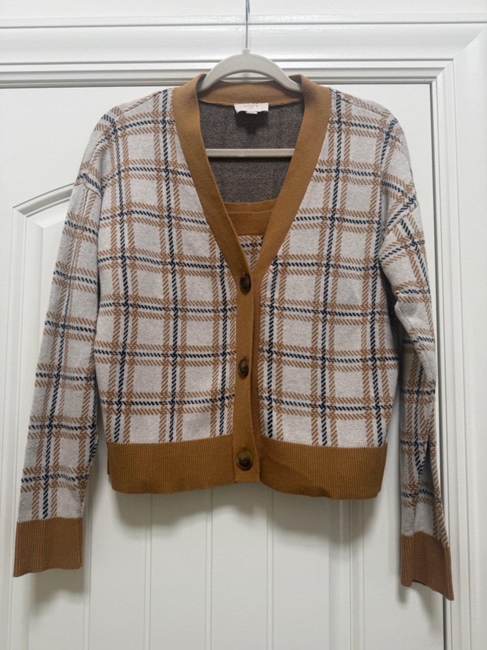 LOFT Button-Up Cardigan Plaid Pattern wi/ Ribbed Trim & Matching Tank, Small